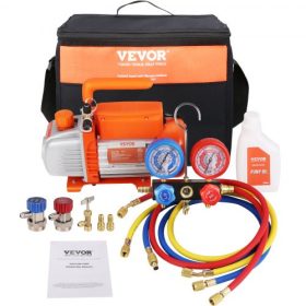  VEVOR 1/5 HP 3,5 CFM AC vákuumszivattyú és mérőkészlet, egyfokozatú forgólapátos HVAC levegő vákuumszivattyú klíma hűtőközeg készlet elosztó mérőkészlet, háromszínű tömlő hordtáskával, R134a, R410a hűtőközegekhez alkalmazható
