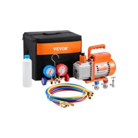   VEVOR 217 L/perc (3,5 CFM) AC vákuumszivattyú és mérőkészlet, egyfokozatú forgólapátos HVAC levegő vákuumszivattyú, klíma hűtőközeg elosztó mérőkészlet, tömlőkkel, klíma hűtés R134a, R12, R22, R502a hűtőközegekhez