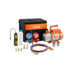   VEVOR 267 L/perc (4,5 CFM) AC vákuumszivattyú és mérőkészlet, egyfokozatú forgólapátos HVAC levegő vákuumszivattyú, klíma hűtőközeg elosztó mérőkészlet, szivárgásérzékelő tömlőkkel, R134a, R12, R22, R502a, R410A, R404, R407C hűtők