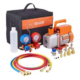   VEVOR 115 L/perc AC vákuumszivattyú és mérőkészlet, egyfokozatú, forgólapátos HVAC levegő vákuumszivattyú, klíma hűtőközeg elosztó mérőkészlet, szivárgásérzékelővel, hordtáskával, R134a R22 R410a R1234YF hűtőközeghez