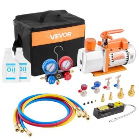   VEVOR klíma vákuumszivattyú és mérőkészlet, 7 CFM 198 L/perc, kétfokozatú forgólapátos HVAC vákuumszivattyú, klíma elosztó mérőkészlet, R134a, R22, R410a hűtőközeghez, szivárgásérzékelő hordtáskával, automatikus HVAC klímaberendez