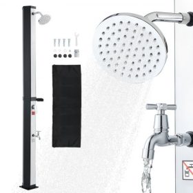   VEVOR 35L napenergiával fűtött zuhany, 195 cm zuhanyfej magasságú kültéri zuhany, lábcsappal és szappantartóval, meleg és hideg víz szabályozásával, szabadon álló hátsó udvari medenceparti strandmedencéhez, fekete-ezüst