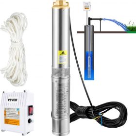  VEVOR mélykúti búvárszivattyú, 370W 230V/50Hz, 110L/perc 44 m-es emelőmagasság, 20 m-es kábellel és külső vezérlődobozzal, 10,2 cm-es rozsdamentes acél vízszivattyúk ipari, öntözési és otthoni használatra, IP68 vízállóság