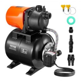   VEVOR 745 W (1 LE) sekélykútú szivattyú nyomástartállyal, 63 l/perc (1000 GPH), automatikus öntözővíz-rásegítő szivattyú 50 m (164 láb) emeléssel 1,4/2,8 bar (20/40 PSI) nyomáskapcsolóval, hőre lágyuló szivattyúfejjel otthoni kert