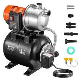   VEVOR 1193W (1,6 LE) sekélykútú szivattyú nyomástartállyal, 83 l/perc (1320 GPH), automatikus öntözővíz-növelő szivattyú 19 literes (5 gallonos) tartállyal, 2/3,4 bar (30/50 PSI) nyomáskapcsolóval, rozsdamentes acél szivattyúfejje