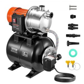   VEVOR 745 W (1 LE) sekélykútú szivattyú nyomástartállyal, 63 l/perc (1000 GPH), automatikus öntözővíz-növelő szivattyú 40 m (130 láb) emelőmagassággal, 1,4/2,8 bar (20/40 PSI) nyomáskapcsolóval, 304 rozsdamentes acél szivattyúfejj