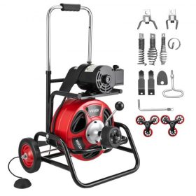   VEVOR lefolyótisztító gép 30 m x 12,7 mm, automatikus adagolású csatornafúró, hordozható lefolyótisztító gép mászókerekekkel, állítható dobbal, 8 vágóval és lábkapcsolóval 50 mm-től 150 mm-es csövekhez